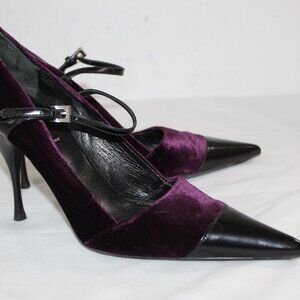 Prada Mary Jane Heels Velvet Black Leather Toe Cuffs Pumps 38